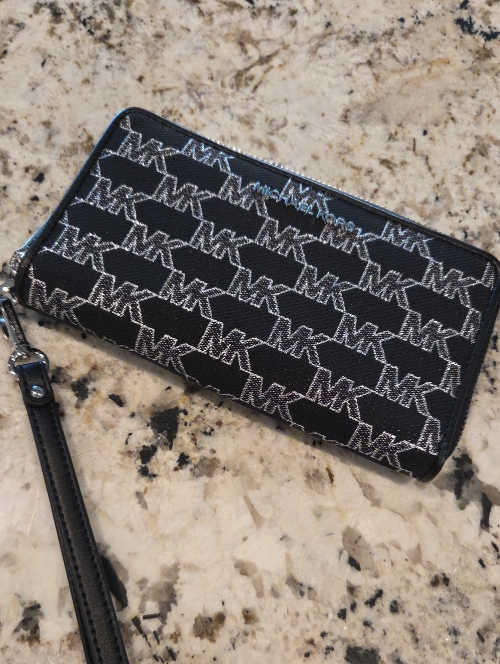 Michael Kors Black and Silvee MK Logo Zip Around Wristlet